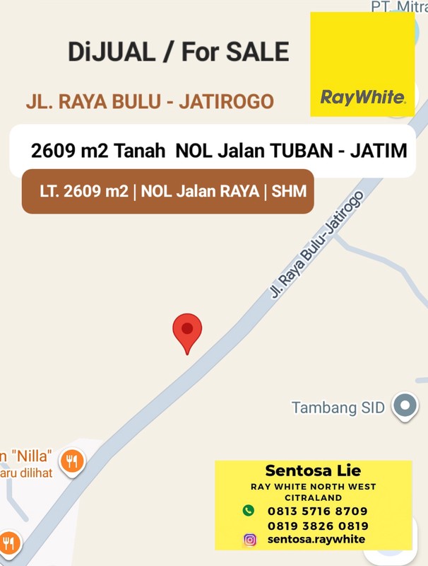 Dijual 2609 m2 Tanah Tuban Jatim Di Nol Jalan Raya Bulu - Jatirogo - Sukolilo - Bancar - Kab. Tuban - Jawa Timur - Surat SHM - Lokasi Bagus