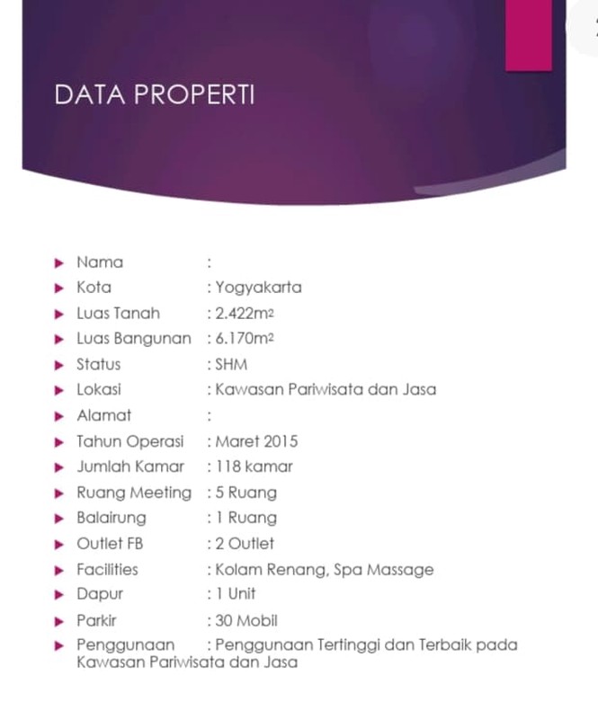 Dijual Hotel Bintang 3 di Area Wista Dekat Malioboro Yogyakarta