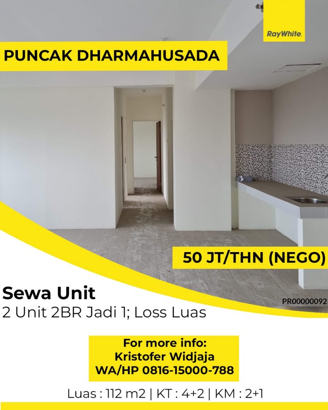 Disewakan Apartemen Puncak Dharmahusada 2 unit Tipe 2BR jadi 1 (total 4 BR dengan ruang utama loss)