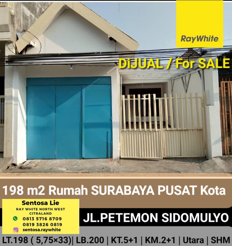 Dijual 198 m2 Rumah Petemon Sidomulyo - Surabaya Pusat Kota - Garasi Carport 2 Mobil Dekat Jl.Pacuan Kuda, Jl. Tidar , BG Junction , Jl. Arjuno