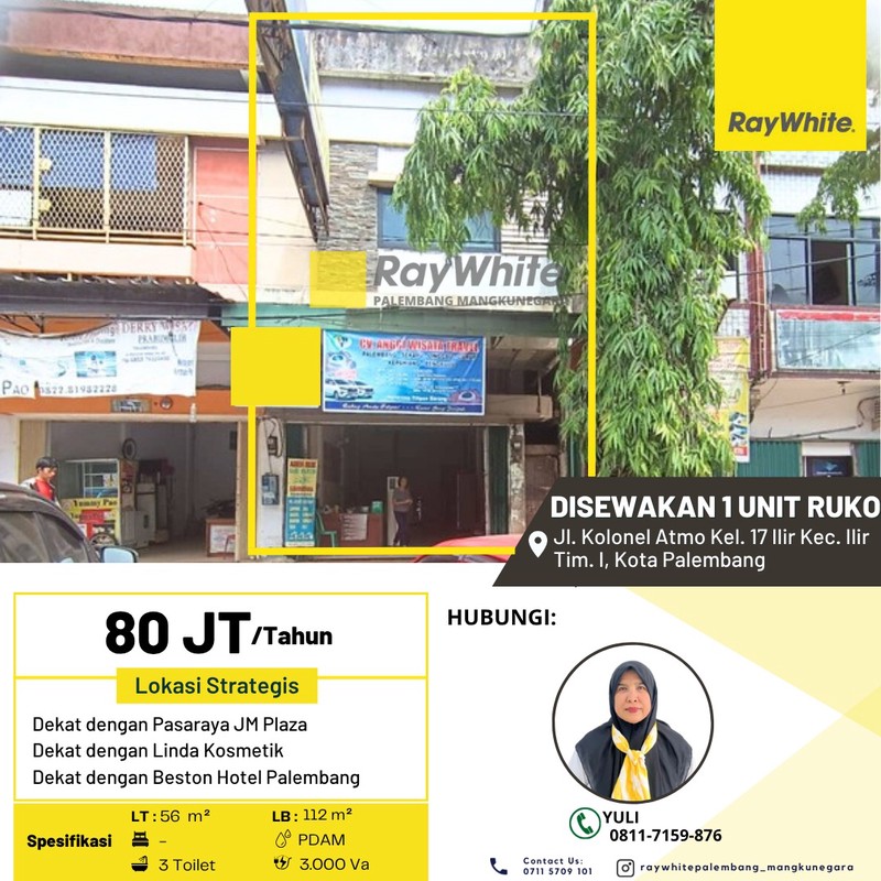 Disewakan 1 Unit Ruko di Jl. Kolonel Atmo Kel. 17 Ilir Kec. Ilir Tim. I, Kota Palembang