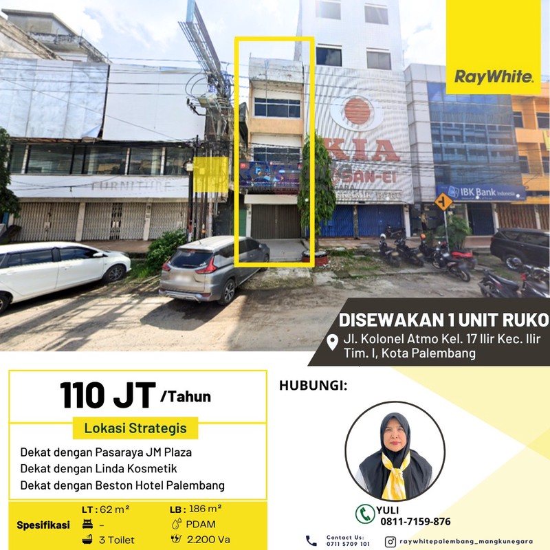 Disewakan 1 Unit Ruko di Jl. Kolonel Atmo Kel. 17 Ilir Kec. Ilir Tim. I, Kota Palembang