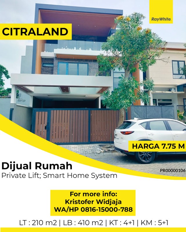 Dijual Rumah Woodland Citraland Surabaya - 3 Lantai, Private Lift & Smart Home