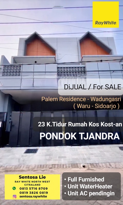 Dijual Rumah Usaha Kos Kost-an Baru Pondok Tjandra Indah - Palem Residence - Wadungasri - Waru Sidoarjo - 23 Kamar Tidur Full Furnished | Elektronik | Ac | Waterheater Dekat Akses Tol, Bandara Juanda