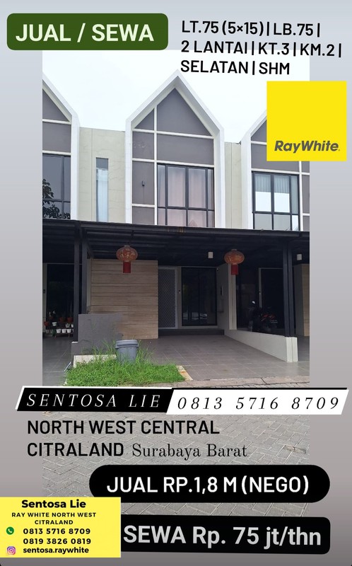 Disewakan Rumah North West Central Citraland Surabaya Dekat Sekolah Citra Berkat, Sport Center 