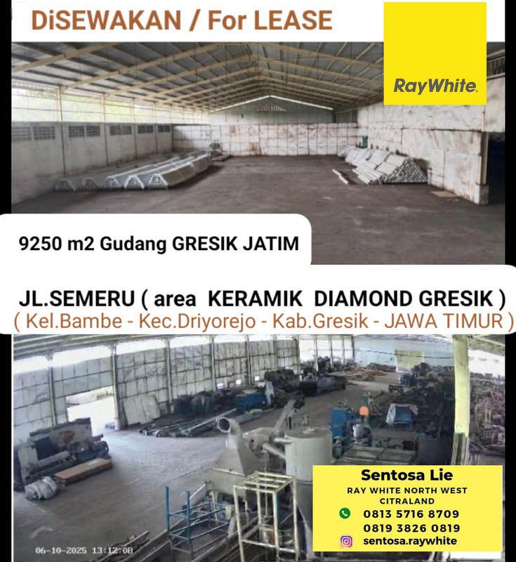 Disewakan 9250 m2 Gudang Gresik Jatim Di Jalan Semeru ( Area Keramik Diamond) - Kel. Bambe - Kec. Driyorejo Gresik - Akses Truk Kontainer - Row Jalan Lebar Luas 