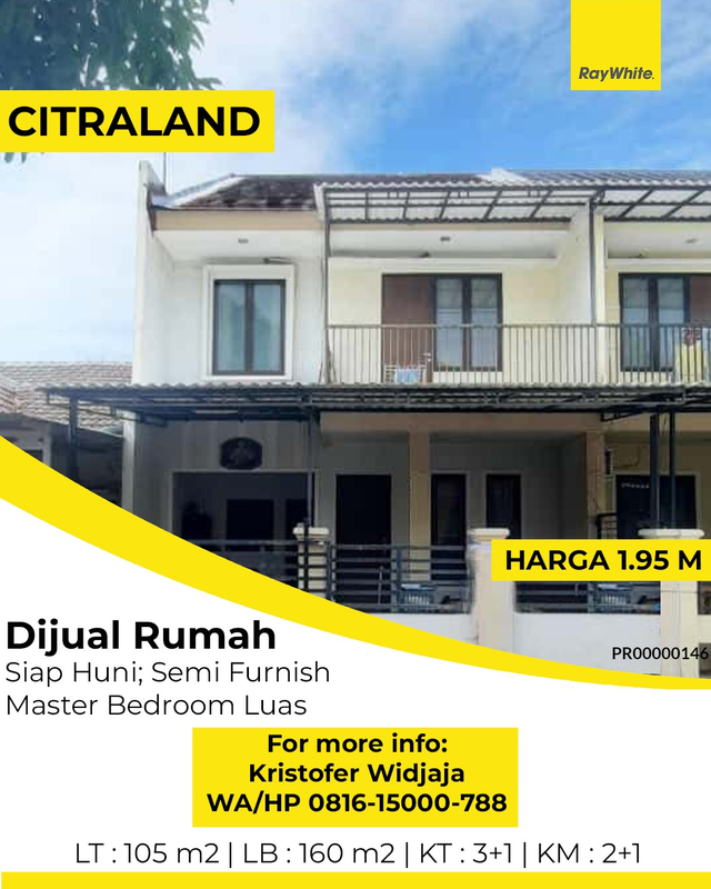 Dijual Rumah - Promo Akhir Desember! Alam Hijau, Citraland Utama, Surabaya Barat Bangunan 2 lantai siap huni; semi furnish; master bedroom luas