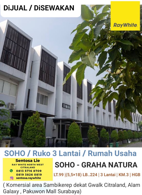 Dijual Ruko / Soho Graha Natura Raya Sambikerep Surabaya Barat - Komersial Area Cocok Buat Segala Usaha Dekat G Walk Citraland, Pakuwon Mall, Ptc, Supermall