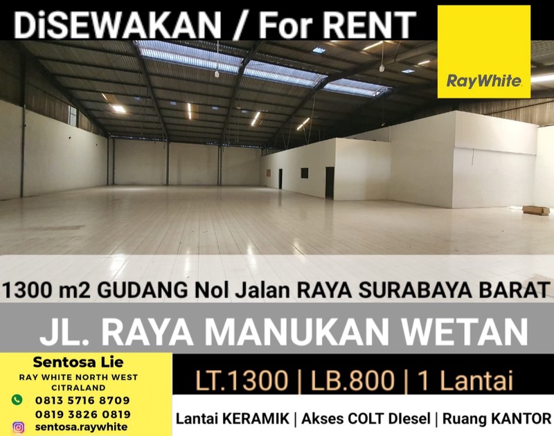 Disewakan 1300 M2 Gudang Raya Manukan Wetan - Tandes - Surabaya Barat - Lantai Keramik Bersih - Akses Truk Colt Diesel Dekat Margomulyo , Raya Tandes, Akses Tol , Sukomanunggal, Tanjungsari