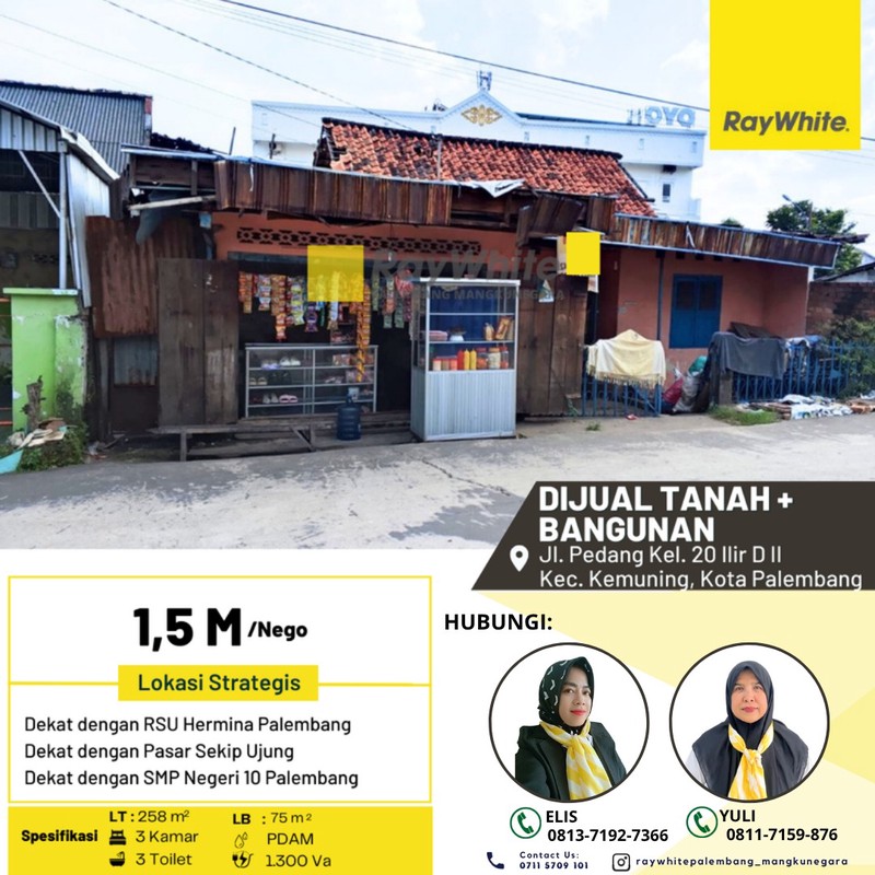 Dijual Tanah + Bangunan di Jl. Pedang Kel. 20 Ilir D II Kec. Kemuning, Kota Palembang