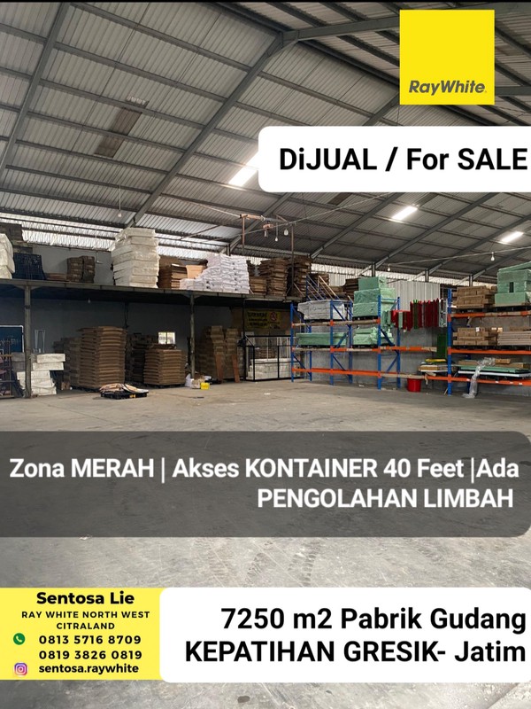 Dijual 7250 M2 Pabrik Gudang Kawasan Industri Kepatihan Gresik Jawa Timur - Zona Merah - Akses Truk Kontainer - Ada Pengolahan Limbah - Lokasi Bagus