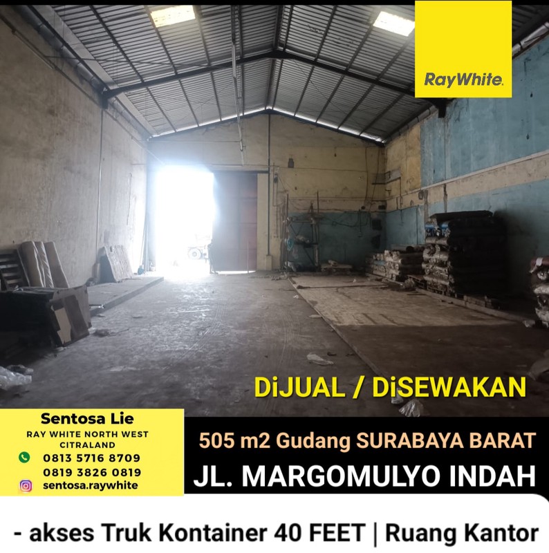 Disewakan 505 m2 Gudang Margomulyo Indah.- Surabaya Barat - Akses Truk Kontainer 40 Feet - Ada Kantor