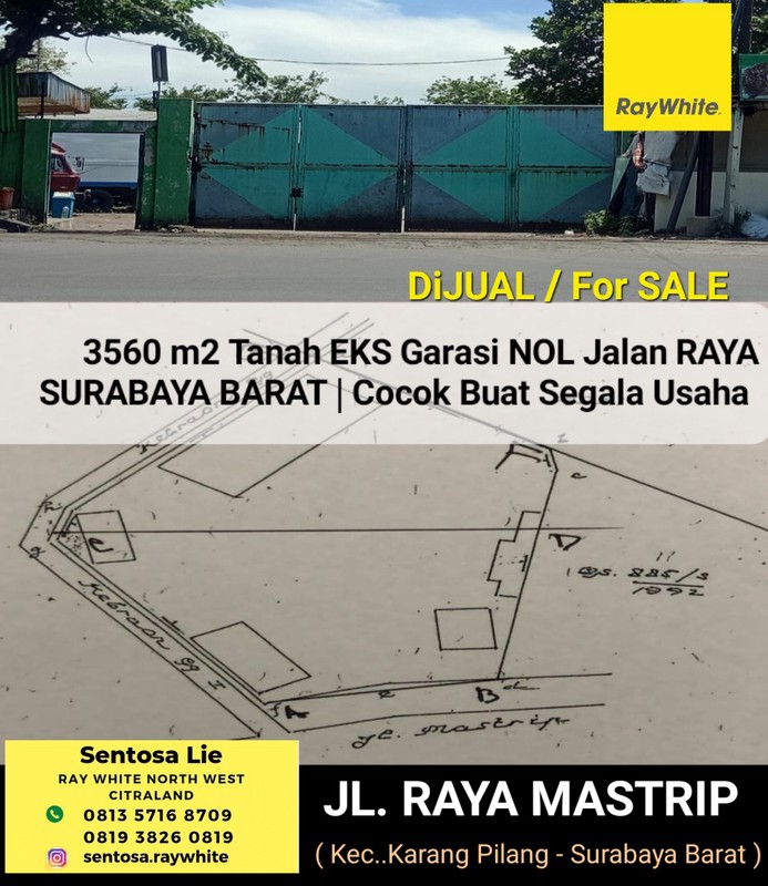 MURAH Rp.6 Juta/m2 Dijual 3560 m2 Tanah Raya Mastrip - Karangpilang Surabaya Barat - Eks Garasi Parkiran - Nol Jalan Raya - Akses Truk Kontainer 