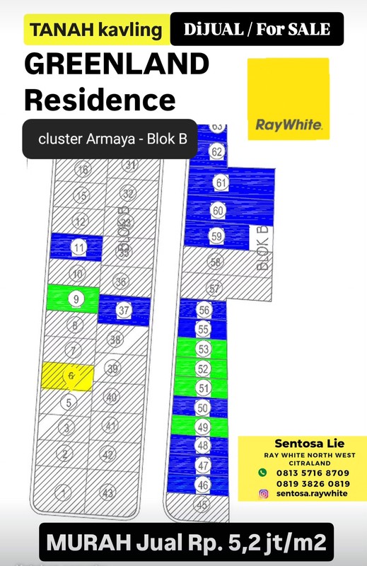 MURAH Dijual Tanah Kavling Greenland Residence Cluster Armaya Blok B - Luas 128 ( 6ÃƒÆ'-18) - Dekat Citraland , Pakuwon Mall Surabaya