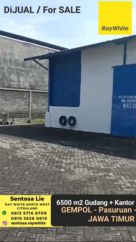Dijual 6500 M2 Gudang Gempol - Pasuruan - Jawa Timur - Ada Bangunan Kantor 2 Lantai - Halaman Parkiran Luas 