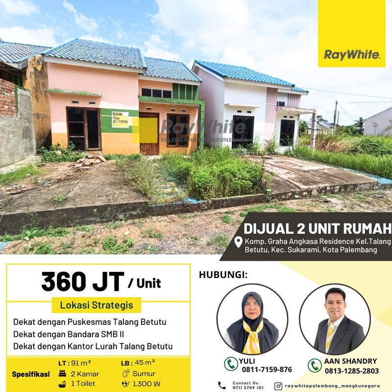 Dijual Rumah 2 Unit di Komp. Graha Angkasa Residence Kel.Talang Betutu, Kec. Sukarami, Kota Palembang