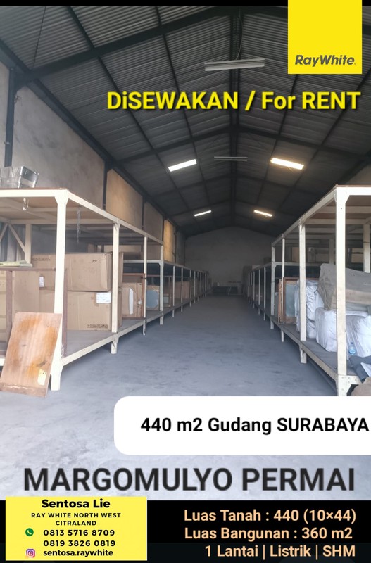 Disewakan 440 m2 Gudang Margomulyo Permai Surabaya Dekat Greges, Kalianak, Akses Tol , Akses Truk Kontainer