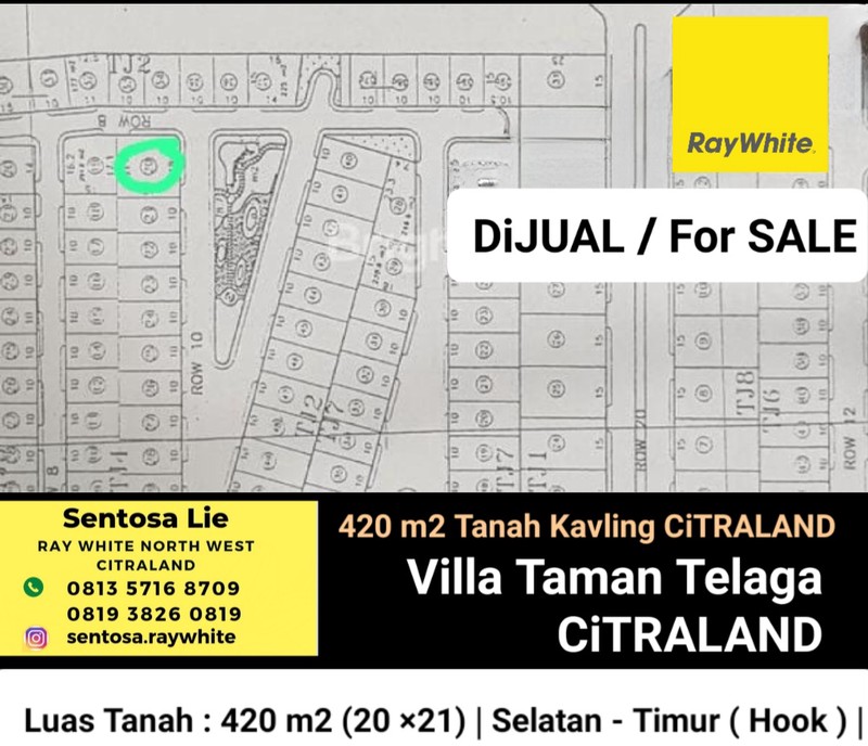 Dijual Tanah Kavling Hook Villa Taman Telaga Citraland Surabaya Barat Special Lokasi Depan Taman - Hook ( Selatan- Timur )