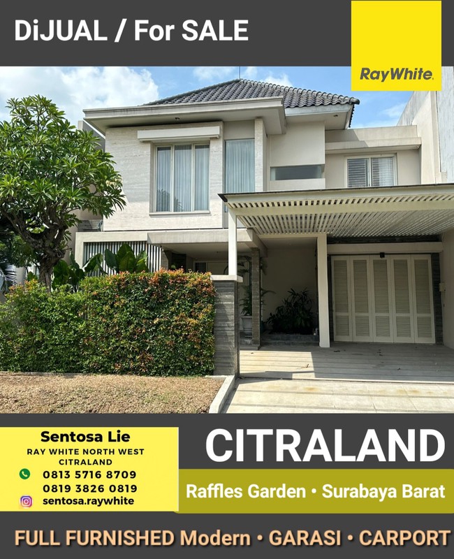 Dijual Rumah Raffles Garden Citraland Full Furnished Modern Mewah Surabaya Barat Lokasi Terdepan - Garasi Carport 3 Mobil Luas 