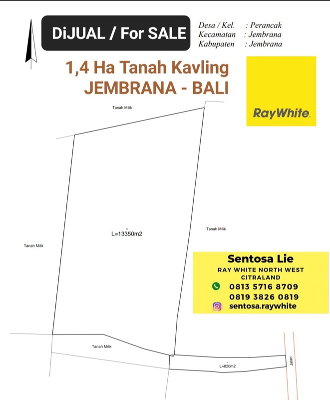MURAH Dijual 1,4 Ha Tanah Jembrana Bali - Desa Perancak - Negara Jembrana Bali Strategis Dekat Area Wisata - Surat SHM - Ada Akses Jalan 