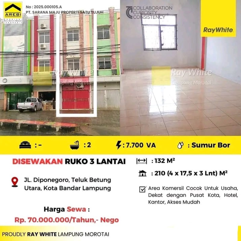 Disewakan Ruko 3 Lantai Berlokasi di JL. Diponegoro, Teluk Betung Utara, Kota Bandar Lampung