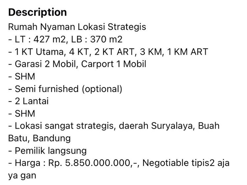 Rumah Tinggal Asri dan Nyaman di Suryadarma Bandung