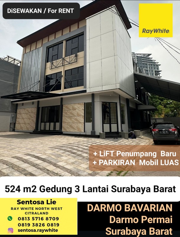 Disewakan 542 M2 Gedung Surabaya Barat Komersial Area Darmo Bavarian Village - Raya Darmo Permai - Gedung 3 Lantai Plus Lift Baru - Parkiran Mobil Luas Dekat Pasar Modern Puncak Permai, Darmo Harapan,