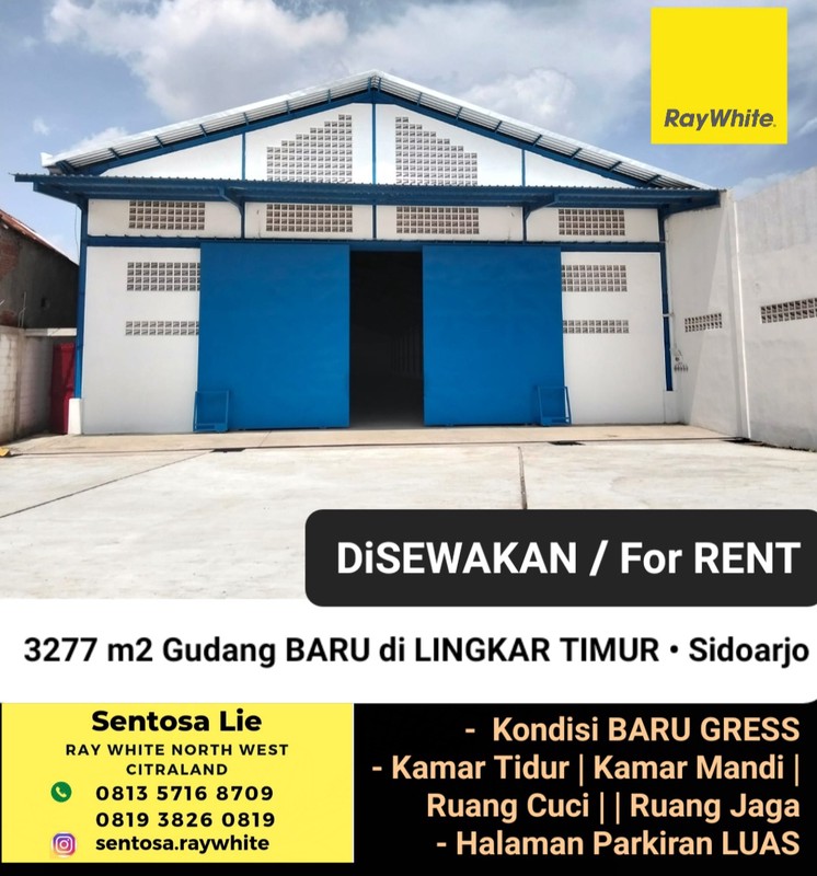 Disewakan 3277 M2 Gudang Baru Lingkar Timur Sidoarjo - Pergudangan Platinum Garden - Akses Truk Kontainer - Kondisi Baru Gress Siap Pakai - Ada Halaman Parkiran Luas, Ruang Tidur, Ruang, Cuci , Ruang 