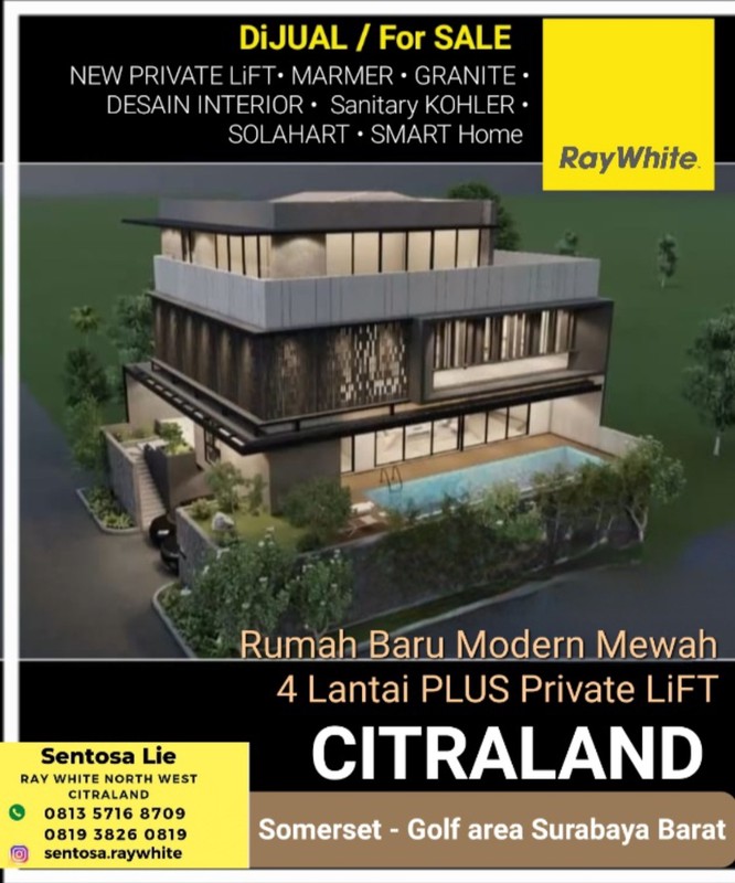 Dijual 368 m2 Rumah Baru Citraland Somerset - Private Lift - Smart Home - Golf Area Surabaya Barat Dekat Pakuwon Mall, Universitas Ciputra, Ciputra Hospital, Hokky Buah UC