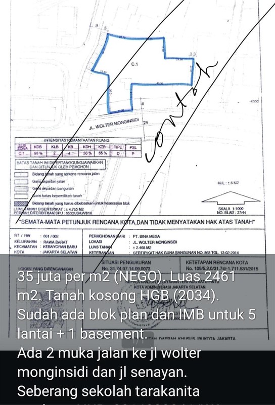 For Sale Land Komersial 2461m2 jl Wolter Monginsidi Kby Baru Jaksel 