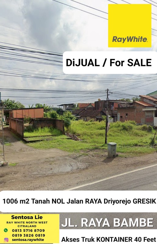 MURAH  Rp.500rb-an/m2 Dijual 1060 m2 Tanah Nol Jalan Raya Bambe - Driyorejo - Gresik - Jawa Timur - Akses Kontainer 40 Feet - Sebaris PT. Samator , Raya Cangkir - Surat SHM