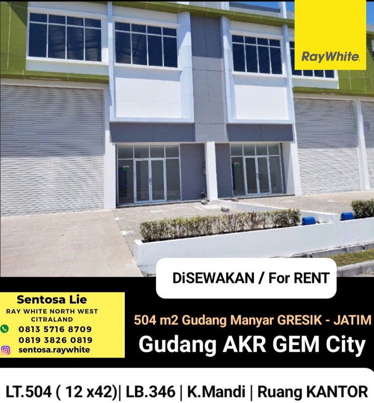 Disewakan 504 m2 Gudang AKR Gem City Jiipe Manyar Gresik Jatim - Akses Kontainer 40 Feet - Dekat Akses Tol Manyar