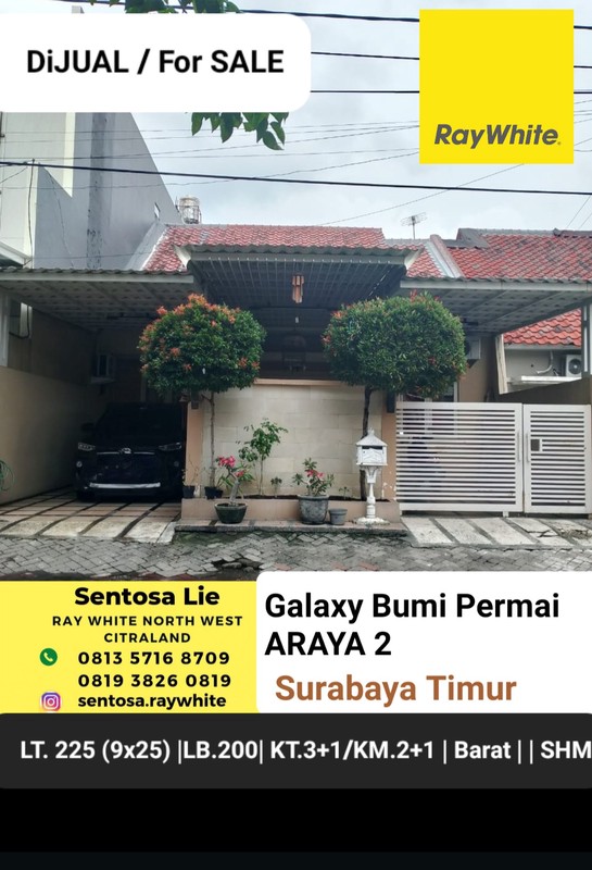 Murah Luas 225 m2 Dijual Rumah Galaxy Bumi Permai Araya 2 - Semolowaru - Sukolilo - Surabaya Timur Dekat Galaxy Mall