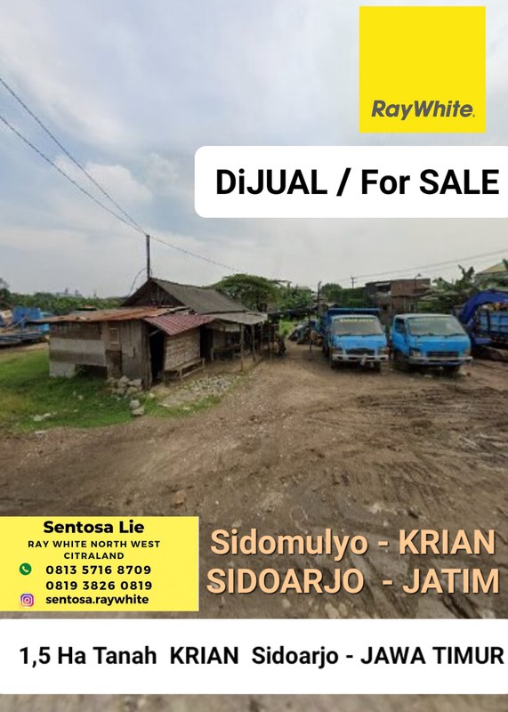 Dijual 1,5 Ha Tanah Sidomulyo - Krian Sidoarjo Jawa Timur - dekat Raya Wringinanom Akses Truk Besar Cocok Buat Gudang, Bengkel, Workshop, Parkiran Truk, Alat Berat
