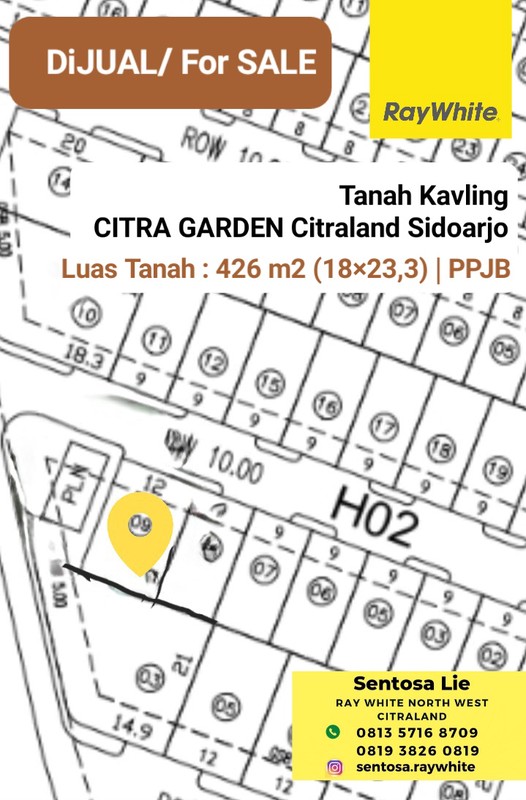 MURAH Rp. 8 Juta-an/m2 Dijual Tanah Kavling Citra Garden Citraland Sidoarjo.- Cluster Orchard Grand Futlerton Blok H2