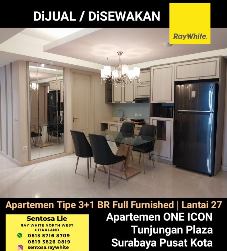 Dijual Apartemen One Icon Residence Tipe 3+1 Bedroom Full Furnished - Lantai 27- Akses Tunjungan Plaza Shopping Mall Surabaya Pusat Kota