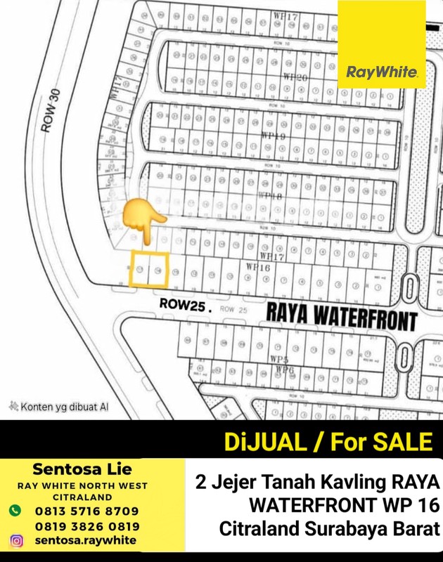 Dijual 2 Jejer Tanah Kavling Waterfront Citraland Wp 16 Surabaya - Hadap Nol Jalan Raya Row Lebar 25 Meter Strategis Komersial Area