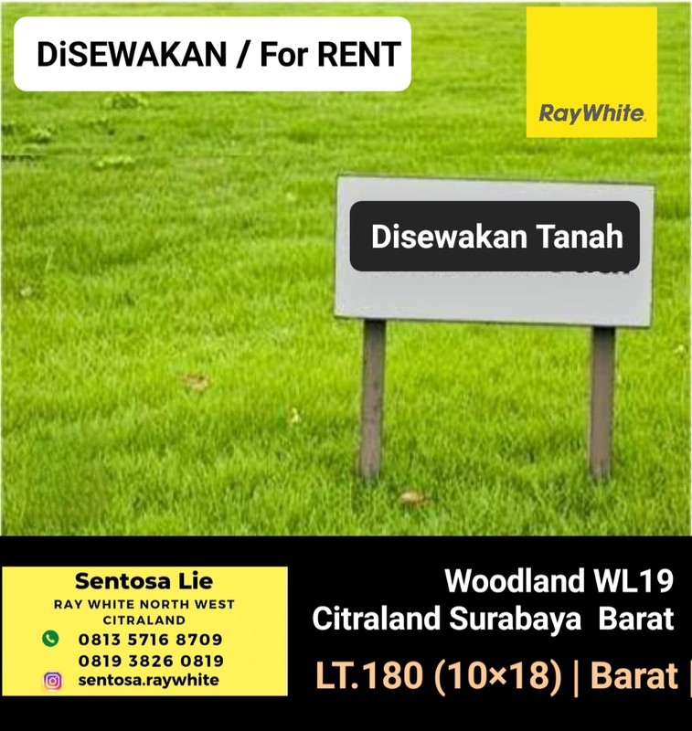 Disewakan 180 m2 Tanah Kavling Woodland WP 19 Citraland Surabaya STRATEGIS:  - cocok buat Parkiran Mobil,  Buat hoby Berkebun Garden /hydroponik /buah2 