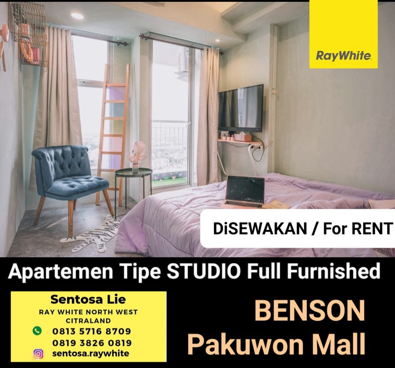 MURAH Disewakan Apartemen Benson Tipe Studio Full Furnished Modern Mewah - Lantai 19 - Best City View -  akses Pakuwon Mall Surabaya Barat