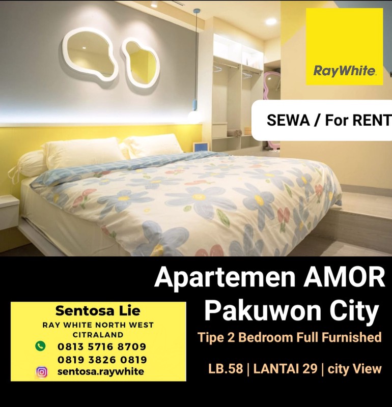 Disewakan Apartemen Amor tipe 2 Bedroom Full Furnished  Modern Mewah - Lantai 29 - Best City View -  akses Pakuwon City Mall Surabaya Timur