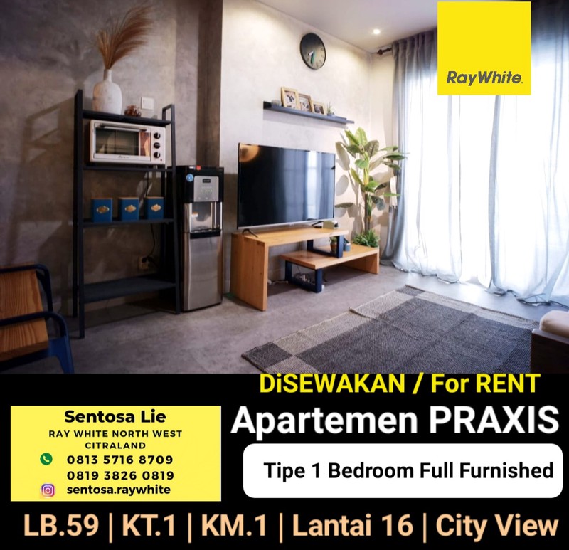 Disewakan Apartemen Praxis tipe 1 Bedroom Full Furnished  Modern Mewah - Lantai 16 - Best City View -  Surabaya Pusat Kota dekat Tunjungan Plaza, Perkantoran Basuki Rachmat