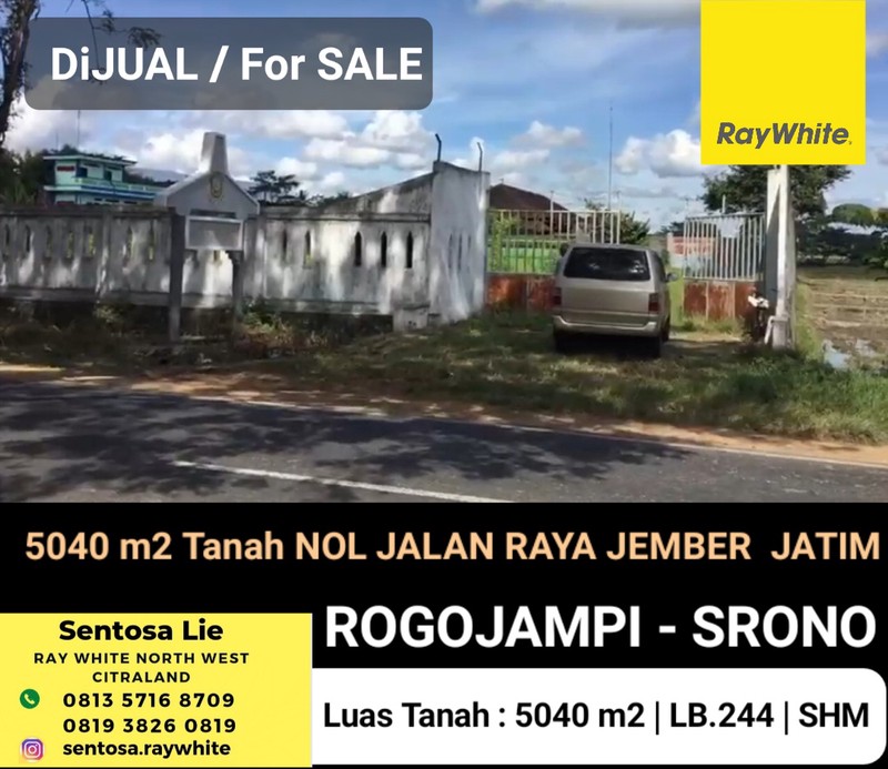 Dijual 5040 m2 Tanah Nol Jalan Raya Jember- Banyuwangi ( Rogojampi - Srono)- Lebar Depan 60 Meter -Surat SHM Cocok Buat Segala Usaha