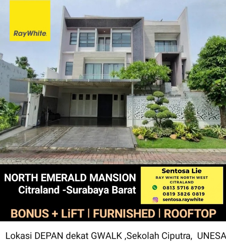 Dijual Rumah North Emerald Mansion Citraland Surabaya Full Furnished New Private Lift Modern Lokasi Terdepan Dekat Gwalk, Unesa, Sekolah Ciputra