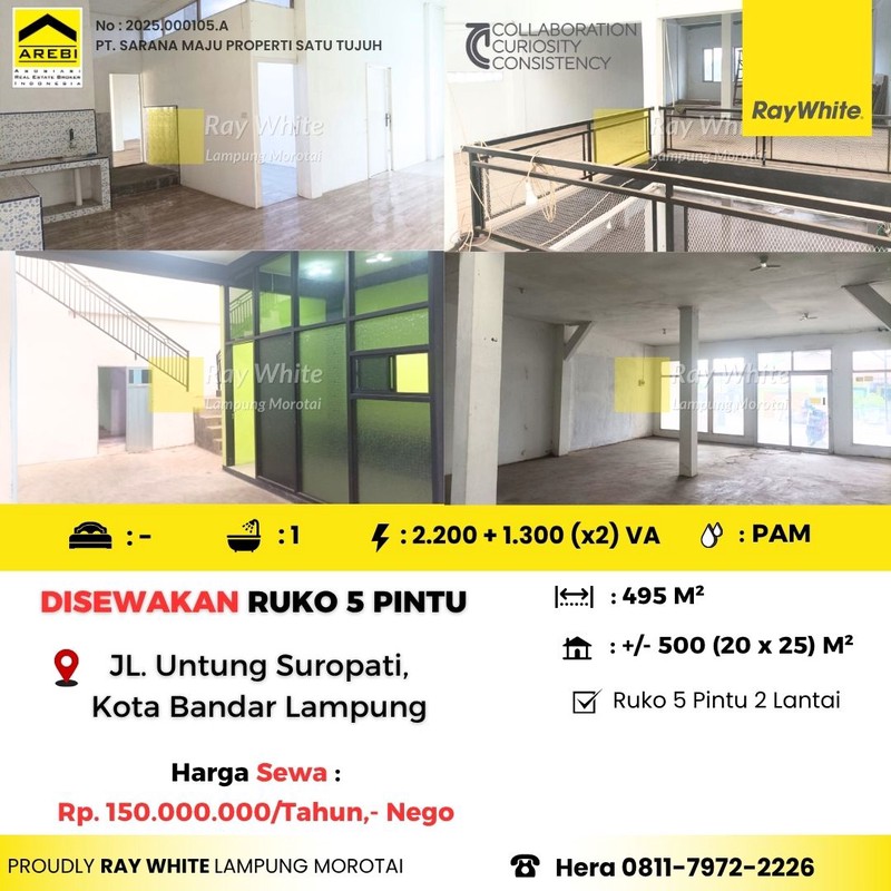 Disewakan Ruko / Gudang 5 Pintu berlokasi di dekat pasar JL. Untung Suropati, Kota Bandar Lampung