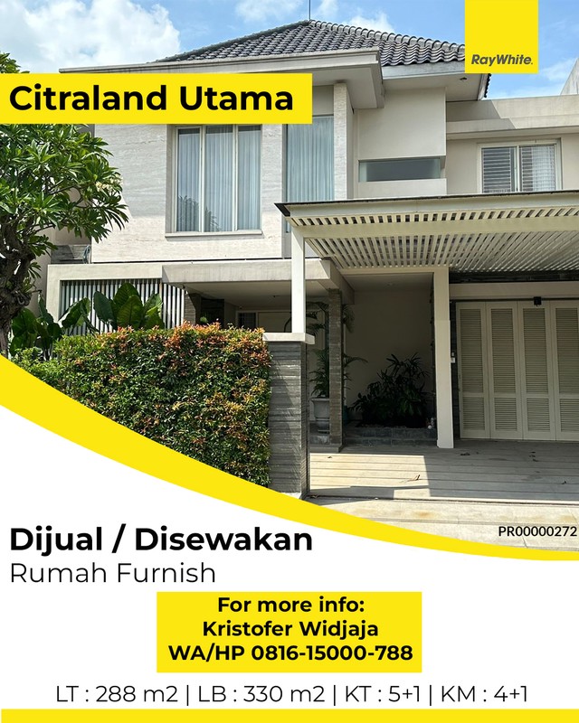 Rumah Dijual atau Disewakan di Raffles Garden Citraland Surabaya Barat Fully Furnish