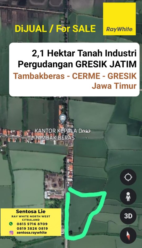 Dijual 2,1 Hektar Tanah Industri Raya Tambak Beras - Cerme - Gresik Jawa Timur - Strategis Hadap Nol Jalan Raya - SHM -Area Industri dan Pergudangan