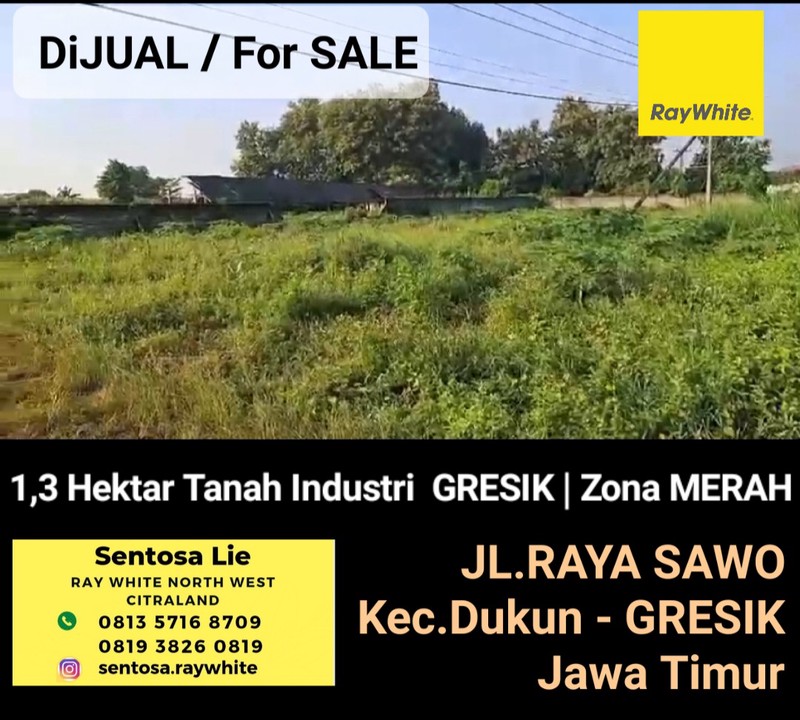Dijual 1,3 Hektar Tanah Industri Gresik Jatim -Hadap Nol Jalan Raya Salak -Kecamatan Dukun - Gresik -Zona Merah- Area Industri
