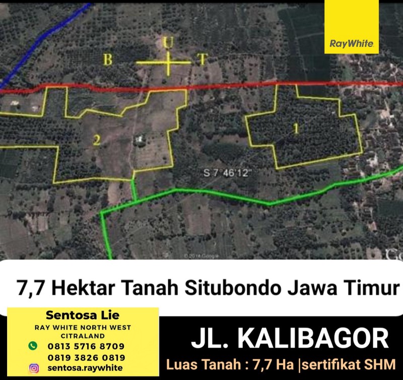 Dijual 7.7 Hektar Tanah Situbondo -Bondowoso Jawa Timur- Lokasi Jalan Kalibagor - SHM