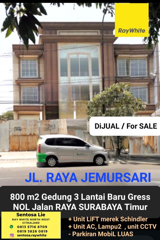 Dijual 800 m2 Gedung Raya Jemursari Surabaya Timur - Gedung Baru Gress 3 Lantai Hadap Nol Jalan Raya Bonus Unit Lift ,Unit Ac, Lampu, Parkiran Mobil Luas Komersial Area cocok buat segala Usaha, Bank, 
