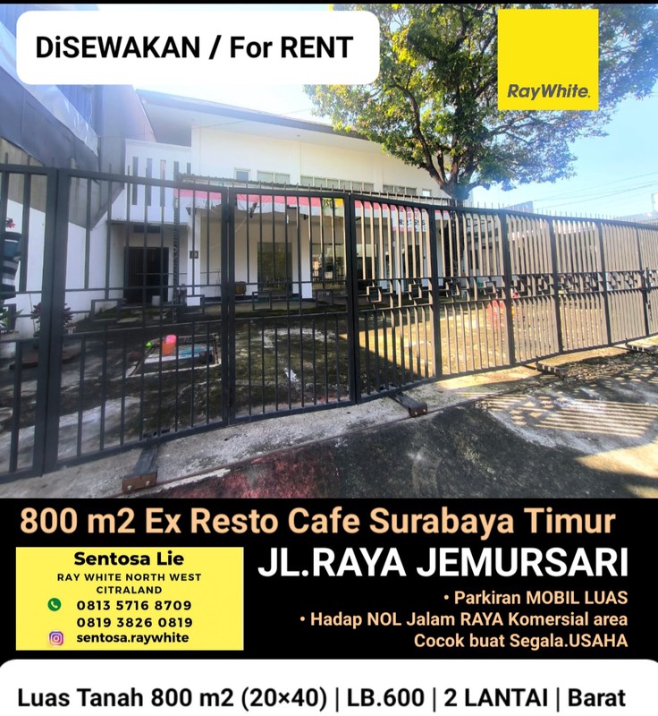 Disewakan 800 m2 Ex Resto / Cafe Jalan Raya Jemursari Surabaya Timur -Parkiran Mobil Luas Komersial Area Cocok Buat Segala Usaha Dekat Raya Prapen, Margorejo Indah, Ubaya Tenggilis Mejoyo